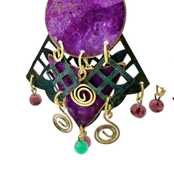 Statement Dangle Earrings Purple Green Geometric Brass Details Gemstone Accents - Picture 3 of 7